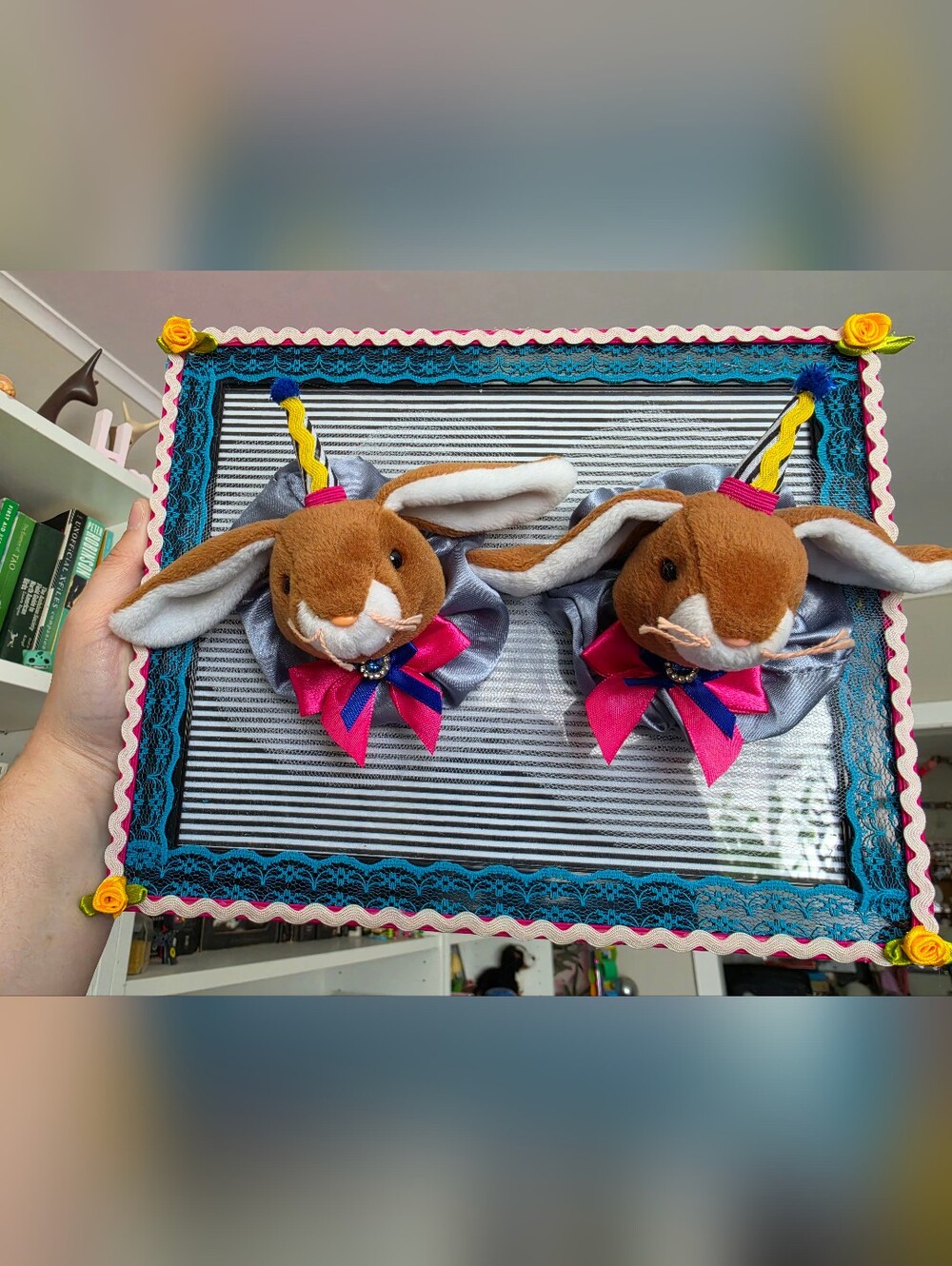 Handmade Plush Bunny Head Wall Decor Pair - Brown with Pink & Blue Bows
